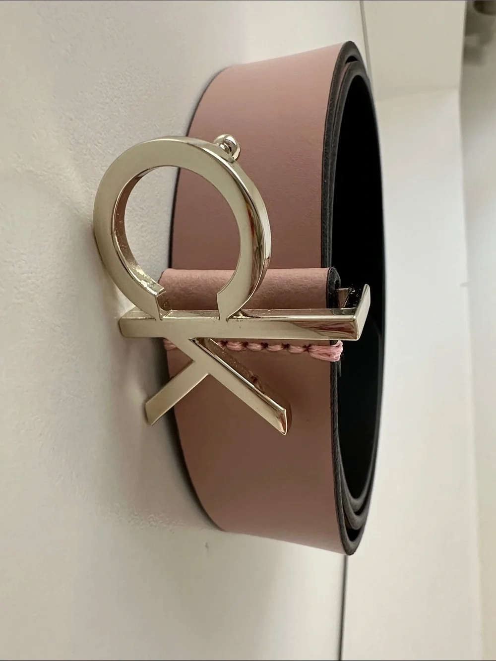 Calvin Klein Blush Pink Leather Belt with Silver Logo Buckle